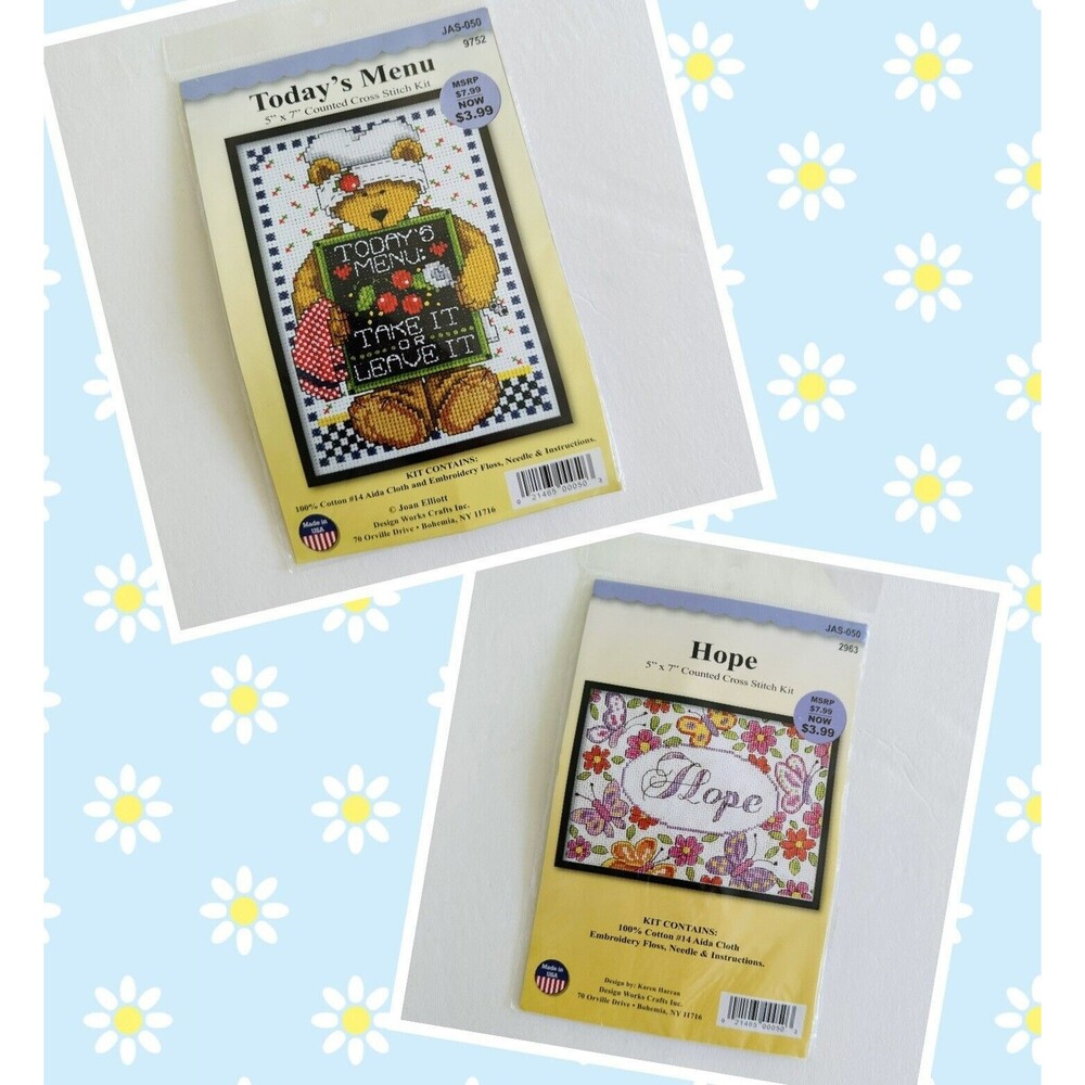 Set Of 2 Vintage Counted Cross Stitch Kits 5x7 Design Works Crafts Hope & Menu